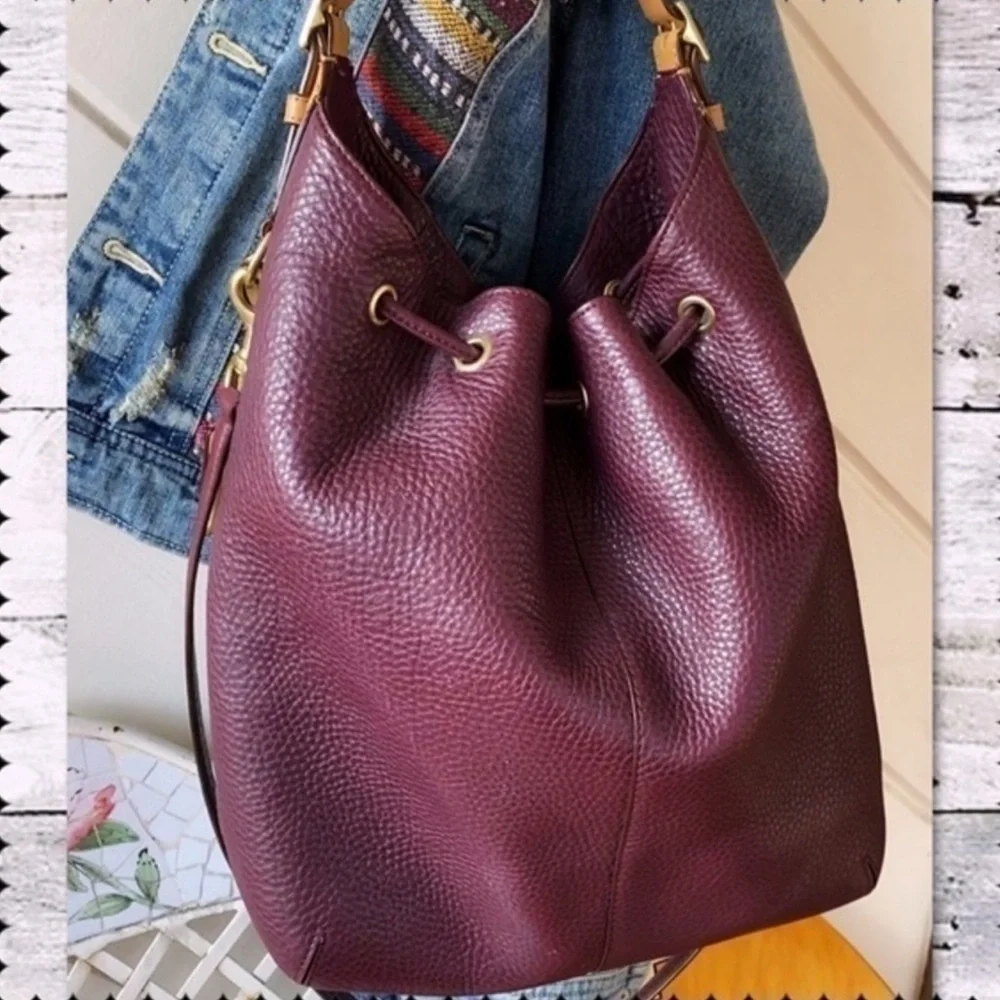 COACH EGGPLANT DRAWSTRING PEBBLED LEATHER BUCKET HOBO BAG